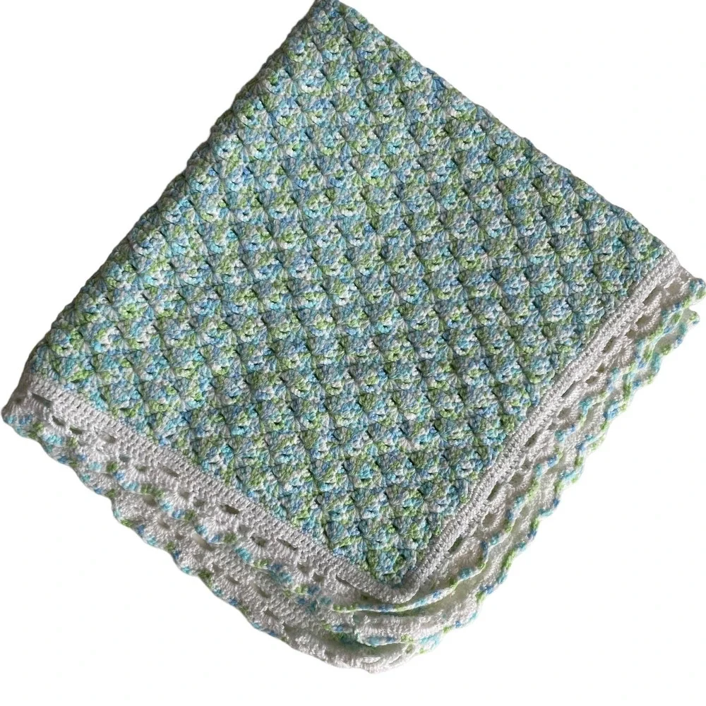 Handmade Knit or Crocheted Baby Blanket Pastel Colors Scalloped Edge